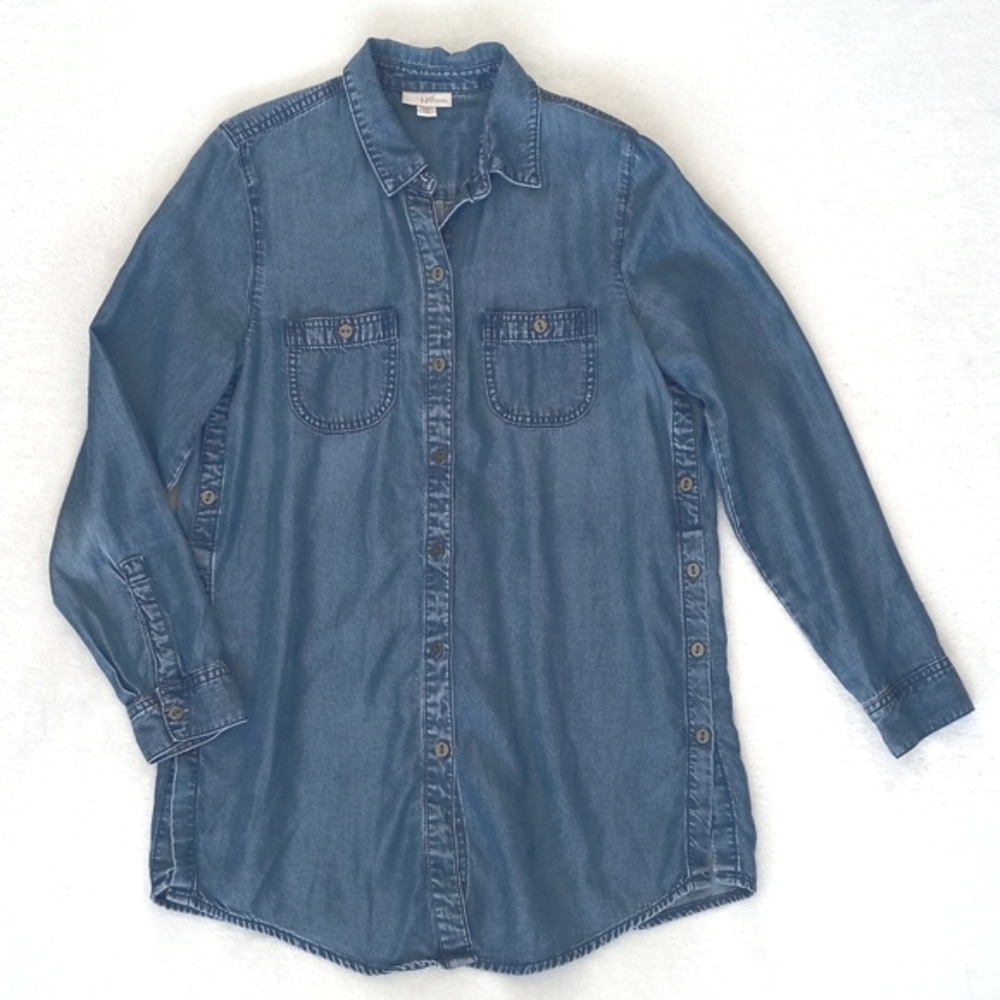 J. Jill Chambray Denim Lyocell Long Sleeve Button Down/ Side Boyfriend Shirt XSP - Picture 8 of 15